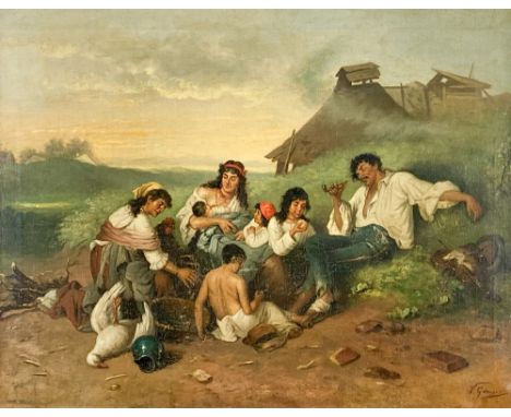 V. Garnier, 20th Century Continental School  "Gypsy Family Resting," O.O.C., Busy Scene with Mother breast feeding, Father wi