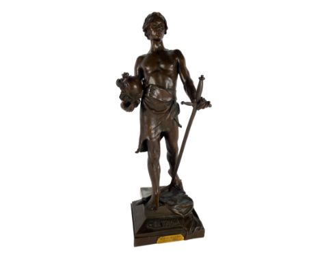 Antoin Bofill, Spanish (fl. 1895-1921)  "En Trompte," bronze, depicting young soldier with helmet&nbsp; in one hand and sword