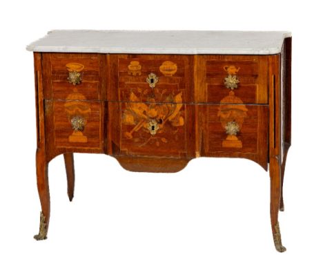 An attractive French transitional style breakfront marquetry Commode, with two drawers and inlaid with various urns, vases an