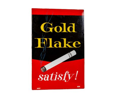 Advertisement:&nbsp;&nbsp;Gold Flake - Satisfy, painted enamel, approx. 89cms x 58cms (35" x 23") mounted on board, by Curran