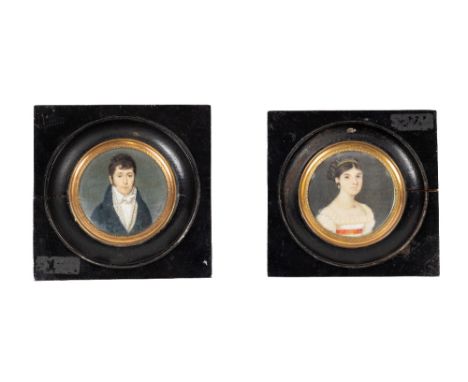 Pierre-Douard Dagoty, French (1775-1871)  Miniatures: "Portrait of an Elegant Young Gentleman with short black hair, white cr