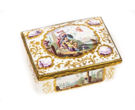 A fine quality 18th Century enamel and gilt metal Pill Box, decorated with typical romantic landscape, ornate gilt rim, star 