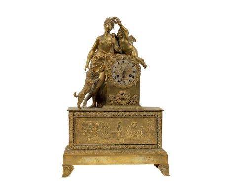 A 19th Century French brass Mantle Clock, with silk suspension movement, outside count wheel striking on a steel bell, unsign