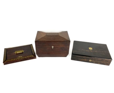 A large William IV period rosewood Tea Caddy, of casket form with hinged top, 31cms (12"), together with a Victorian coromand