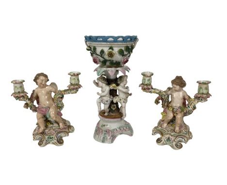 A Sitzendorf flower encrusted Table Centre, with a basket moulded bowl above three cherubs on a tripod base, 33cms (13"); tog