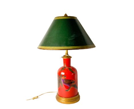 A modern red ground chinoiserie&nbsp;style Table Lamp,&nbsp;with birds, moths and flowers, and a green shade, O.R.M., 91cms (