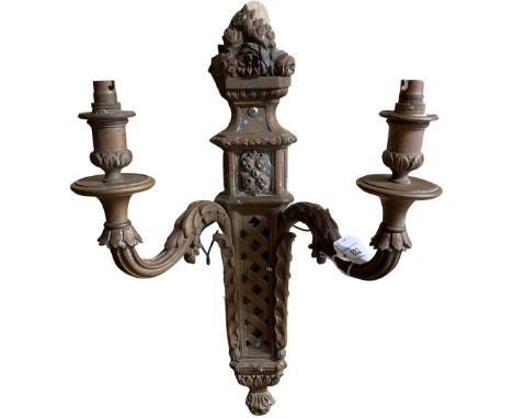 A pair of Louis XVI style French bronze Wall Lights, with twin branches issuing from a trellis pierced back plate, approx. 46