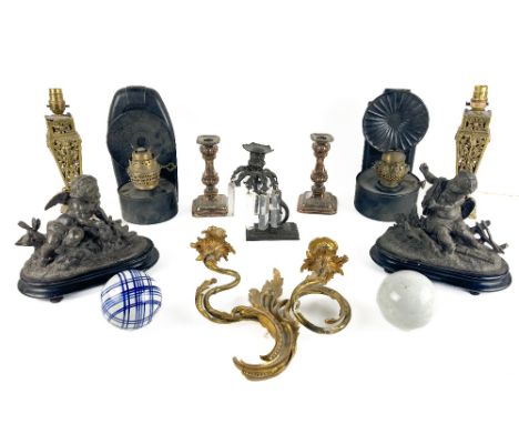 A pair of late 19th Century bronzed Cherub Groups, each on wooden base, 20cms (8"), a pair of plated Candlesticks, a bronze l