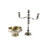 A large silver plated Punch Bowl, with lion mask and ring handles, 28cms (11"); together with a