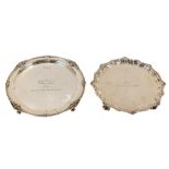 Two silver Presentation Waiters, the larger 22cms (9") Sheffield 1961 with husk cast and moulded