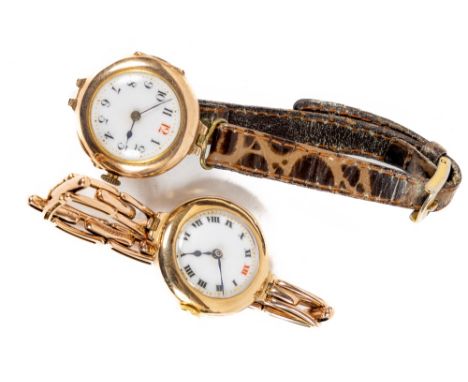 A Ladies Wrist Watch, with circular enamel dial and Roman numerals in a gilt metal case with link chain, together with a simi
