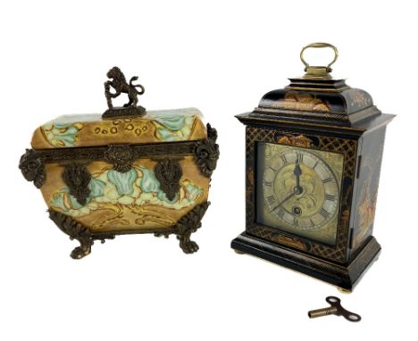 An attractive chinoiserie style Bracket Clock, of small proportions, the brass and silvered dial with Roman numerals, the ove