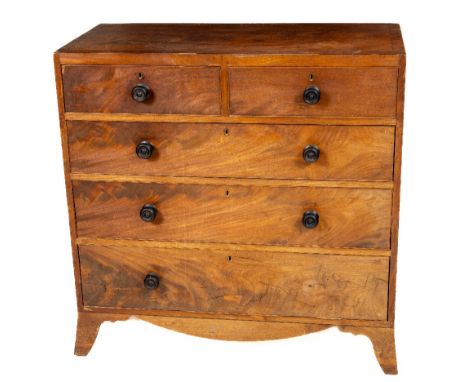 A late Regency period mahogany Chest, with three long and two short drawers raised on four splayed bracket feet, as is, 104cm
