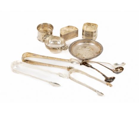 A Celtic Revival silver small Salver, by William Egan, Cork; three varied silver Napkin Rings; three bright cut Sugar Tongs; 