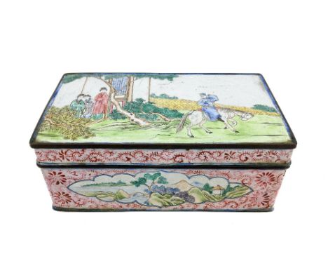 A 19th Century enamel Chinese landscape oblong Box, the lid with female figures and warrior on horseback in typical landscape
