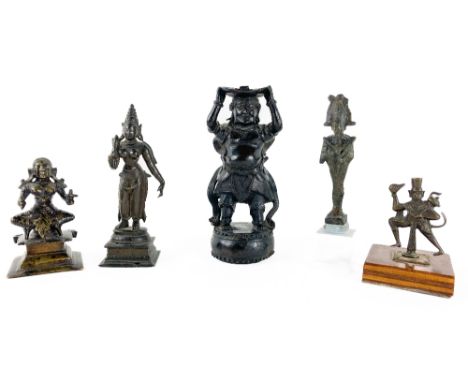 A Japanese bronze Figure of a Samurai Warrior, holding a pan aloft, 19cms (7 1/2") with losses and four other Indian bronze F