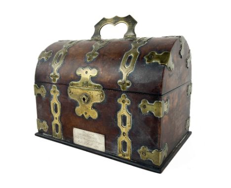 Military Interest:&nbsp; A fine quality 19th Century walnut domed shaped Tea Caddy, with ornate brass mounts, the hinged top 