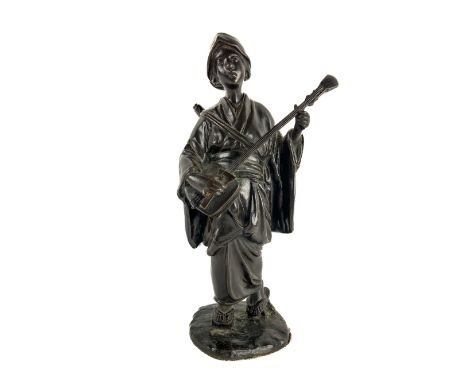 A fine quality bronze Japanese Okimono&nbsp;of a young lady in native attire playing a Shamisen Instrument, in standing pose,