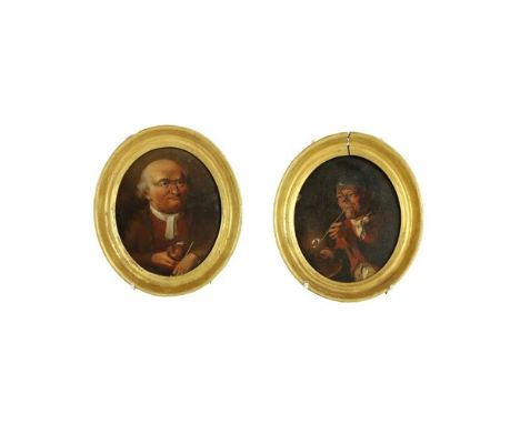 Late 18th / Early 19th Century  Two miniature oval Portraits 'Man lighting a chalk Pipe from a Candle' and 'Man holding a mug