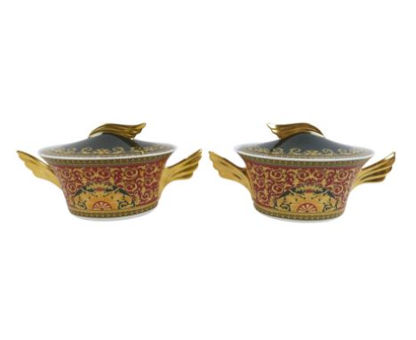 A pair of Medusa Versace Rosenthal porcelain tureens with highly gilded classic decoration and applied mark, tureens measure 