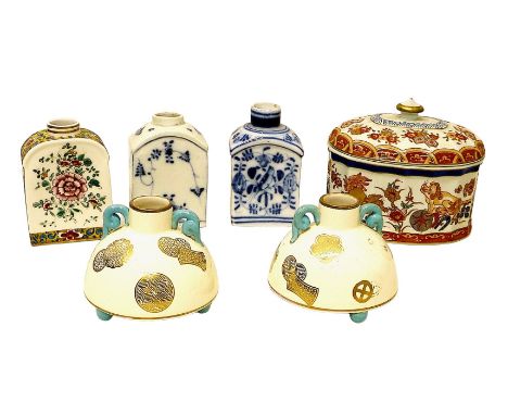 A pair of Continental Aesthetic demi lune vases with impressed marks, 10cm diameter by 9 cm high, three tea caddies, one with