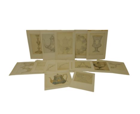 William Ibbitt - seventeen designs for silverware, several signed or initialed, pencil, ink and watercolor on paper, one date