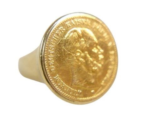 A German 10 mark gold coin set in 14k gold ring, with profile of Wilhelm Deutscher Kaiser Konig V. Preussen, William King of 