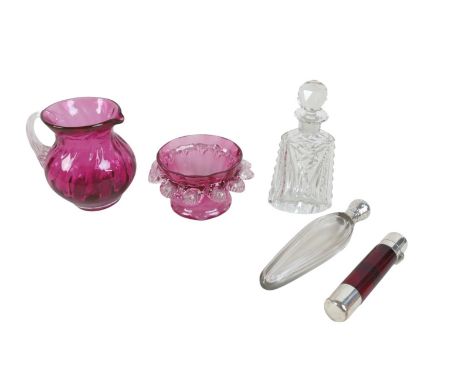 A Victorian double travel perfume bottle, 2 by 10cm, two other perfume bottles and two pieces of cranberry glassware. (5)