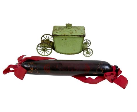 A W. R. Jacob &amp; Co Coronation coach novelty biscuit tin, 1936, 23cm long, together with a Victorian blue glass rolling pi