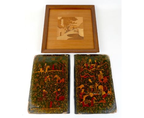A parquetry panel, with A. H. McIntosh Kirkcaldy label verso, 39 by 4 by 42cm high, together with two 19th century Persian pa
