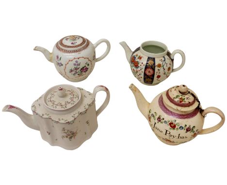 A selection of 18th century and later teapots, including a First Period Worcester teapot, decorated in Imari pattern, missing