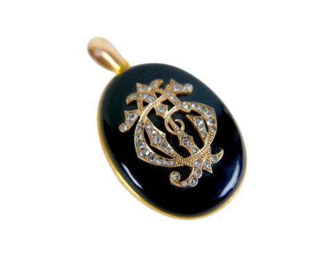 An unusual Victorian diamond encrusted gold enamel double mourning locket, with initials to the front, engraves to the inside