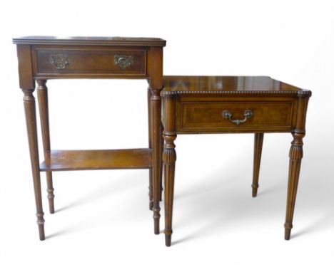 Two 19th century style mahogany lamp tables, both with a frieze drawer, tallest 50 by 29 by 76cm high. (2)