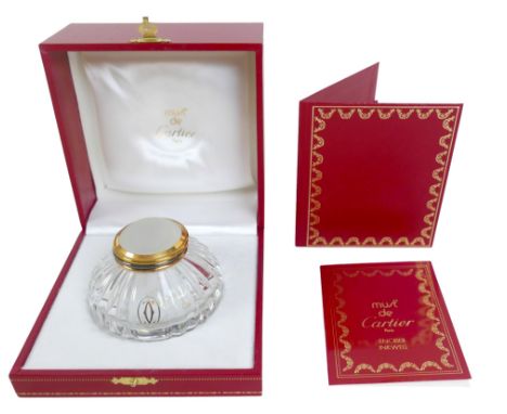 A Must De Cartier encrier inkwell, glass with clear lobed body and frosted cabochon hinged lid, No. 016996, in original box, 