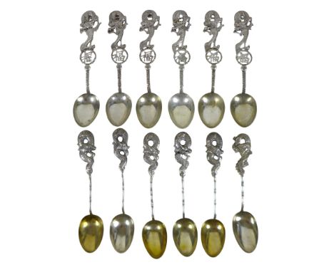 Two sets of six Chinese silver dragon spoons one by Wing Nam &amp; Co, total weight 184g.(12)