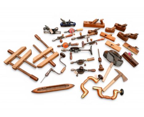Three boxes of vintage tools, including various wood planes, hand drills and braces. (3 boxes)