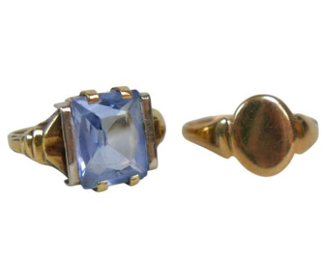 A 14ct gold ring set with a blue emerald-sut stone, size K, total weight 2.9g, plus unmarked gold ring testing as 9ct, 1.7g (