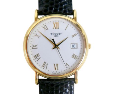 An 18ct yellow gold TISSOT quartz gents wristwatch, on a leather strap, 33mm engraved presentation case, white dial with cale