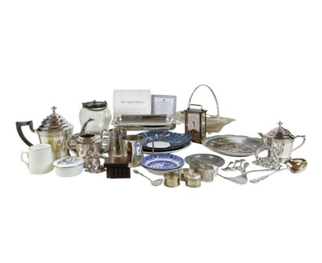 A collection of plated ware and ceramics, including an Art Deco silver plated three piece tea service, tureens and covers, ba