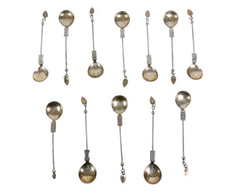 A set of twelve Marius Hammer, Bergen Norway, silver Christening spoons, boxed, each with twisted handle and engraved bowls, 