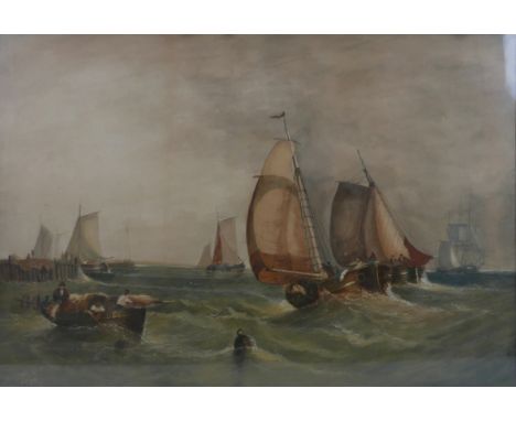 H. W. Wright Jr. (British, 19th century): Maritime watercolour, fishing ketches entering the harbour, one boat setting the bu