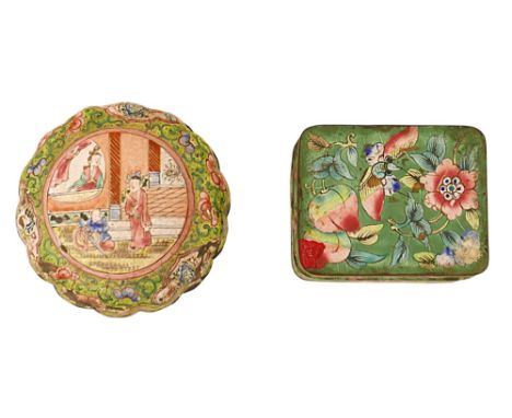 A Chinese enamel box and cover, of rectangular section with rounded corners, decorated with sprays of flowers against a green