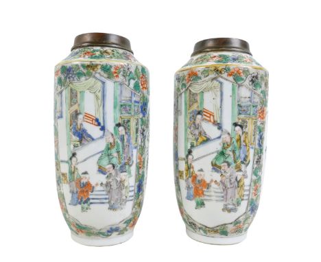 A pair of Chinese famille verte vases with light fitting brass tops, 10cm diameter by 21cm high.(2)