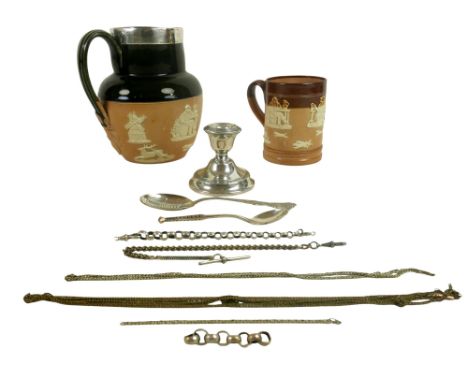 A Royal Doulton harvest jug with a silver rim, a harvest tankard, a small silver candlestick, a silver fob chain  a linked ch