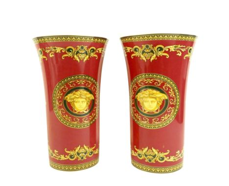 A pair of Medusa Versace Rosenthal porcelain vases with highly gilded classic decoration and applied mark on base 21cm diamet