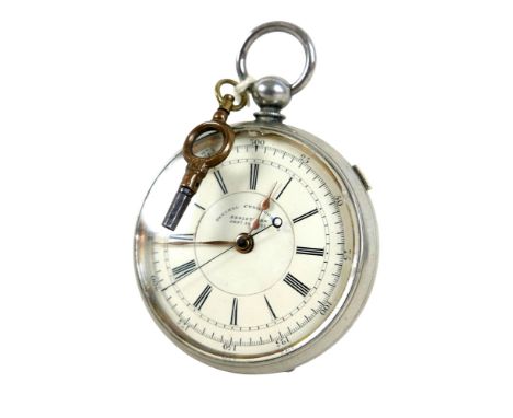 A Victorian Decimal Chronograph key wind pocket watch, three quarter plate dial and second sweep, 55mm case, running.