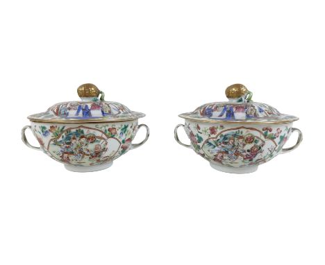 A pair of 19th century Chinese porcelain twin handle bowls and covers, Daoguang mark and period, decorated famille vert palet