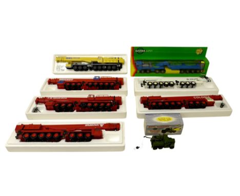 Six KRUPP 1:50 scale telescopic die-cast cranes, a Game Super transport and a Dinky Supertoys recovery tractor no 661, KRUPP 