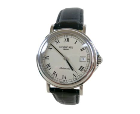Raymond Weil, Geneve, gents automatic wrist watch, with date aperture, Roman numerals, stainless steel case, black leather st