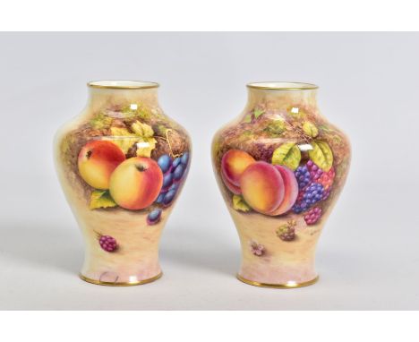 A PAIR OF SMALL ROYAL WORCESTER FRUIT PAINTED BALUSTER VASES, signed R.Price, shape No, 2491/4, printed and painted marks, ap